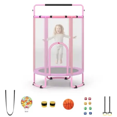 Detský trampolín 6 v 1 s bezpečnostnou sieťou a žiarovo pozinkovaným kovovým rámom, 140 x 140 x 214 cm, fialový