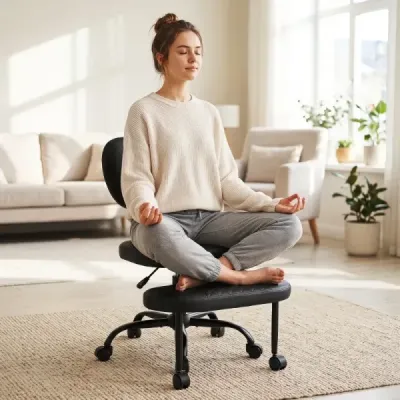 Meditačná stolička s nastaviteľnou výškou, kancelárska stolička s krížovými nohami, kolenná stolička s otočnou opierkou na nohy o 360°, čierna