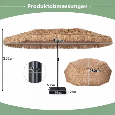 450 cm havajský slnečník s LED osvetlením a podstavcom, slnečník zo slamy s kľukou, ochrana pred slnkom a 12 kovovými výstuhami