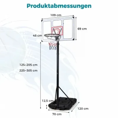 Prenosný basketbalový stojan s výškovo nastaviteľným košom (125–305 cm) a 109 cm odolným doskovým panelom