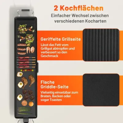 ES10478DE Gril Teppanyaki 1800W Elektrická grilovacia doska s nepriľnavým povrchom, nastaviteľným termostatom teploty a odkvapkávacou miskou na tuk 100 cm  SKLADOM