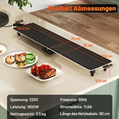 ES10478DE Gril Teppanyaki 1800W Elektrická grilovacia doska s nepriľnavým povrchom, nastaviteľným termostatom teploty a odkvapkávacou miskou na tuk 100 cm  SKLADOM