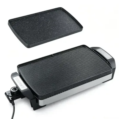 Elektrický stolný gril s výkonom 1500 W a otočnou univerzálnou grilovacou platňou 41 × 25 cm, čierny