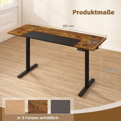 Elektricky výškovo nastaviteľný písací stôl so stabilnou kovovou konštrukciou, 160 x 60 cm, hnedý