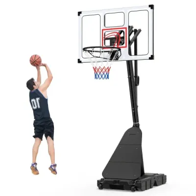 Basketbalový kôš na kolieskach, výškovo nastaviteľný stojan na basketbal s výškou 150–305 cm, s zadnou stenou z polykarbonátu a základňou, do ktorej sa dá naliať voda