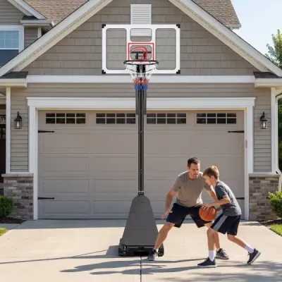 Basketbalový kôš na kolieskach, výškovo nastaviteľný stojan na basketbal s výškou 150–305 cm, s zadnou stenou z polykarbonátu a základňou, do ktorej sa dá naliať voda