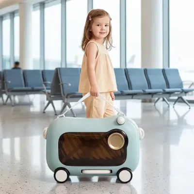 Pohyblivý kufor pre malé deti s kolieskami, sklopnými bočnými pedálmi a sedadlom, nosnosť 25 kg, modrý