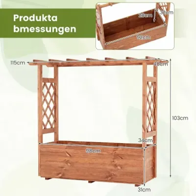 Vysoký záhon s mriežkou na popínavé rastliny a zavesenou strechou, kvetináč s oporou pre popínavé rastliny a odtokovými otvormi, oranžový, 115 x 40 x 103 cm