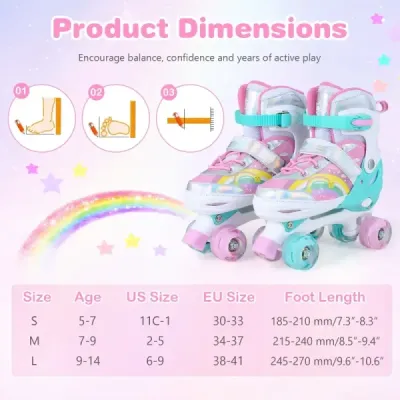 Kolieskové korčule Detské kolieskové korčule s 4 nastaviteľnými veľkosťami a 2 LED svetelnými kolieskami Quad Skates L