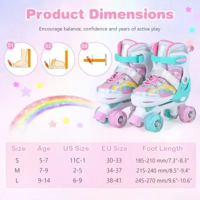 Kolieskové korčule Detské kolieskové korčule s 4 nastaviteľnými veľkosťami a 2 LED svetelnými kolieskami Quad Skates M