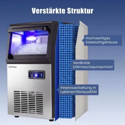 Komerčný stroj na výrobu ľadových kociek z nehrdzavejúcej ocele, 41 kg/24 hod. Samostatne stojaci stroj s časovačom, čierny + strieborný