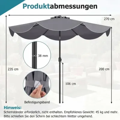 270 cm záhradný slnečník s kľukou a funkciou nakláňania, balkónový slnečník s 8 kovovými rebrami, sivý