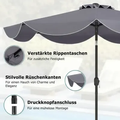 270 cm záhradný slnečník s kľukou a funkciou nakláňania, balkónový slnečník s 8 kovovými rebrami, sivý