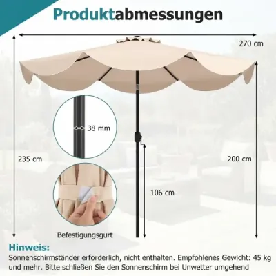 270 cm záhradný slnečník s kľukou a funkciou nakláňania, balkónový slnečník s 8 kovovými rebrami, béžový