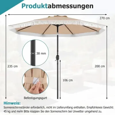 270 cm záhradný slnečník s kľukou a funkciou nakláňania, balkónový slnečník, béžový