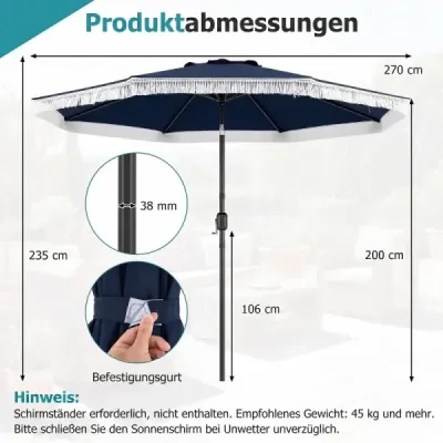 270 cm záhradný slnečník s kľukou a funkciou nakláňania, balkónový slnečník s 8 kovovými rebrami, modrý