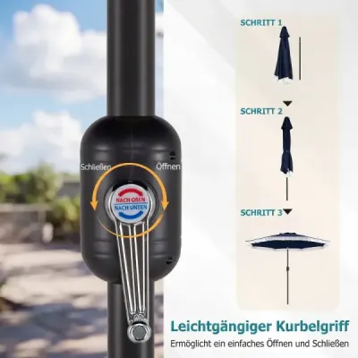 270 cm záhradný slnečník s kľukou a funkciou nakláňania, balkónový slnečník s 8 kovovými rebrami, modrý