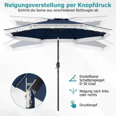 270 cm záhradný slnečník s kľukou a funkciou nakláňania, balkónový slnečník s 8 kovovými rebrami, modrý
