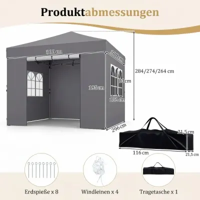 3 x 3 m altánok, skladací, vodovzdorný záhradný altánok s odnímateľnými bočnými stenami, kovový rám, sivý