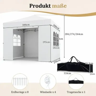 3 x 3 m altánok, skladací, vodovzdorný záhradný altánok s odnímateľnými bočnými stenami, kovový rám, biely
