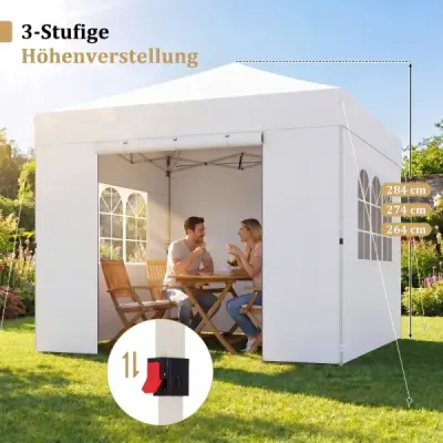3 x 3 m altánok, skladací, vodovzdorný záhradný altánok s odnímateľnými bočnými stenami, kovový rám, biely