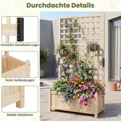 Kvetinový kôš s opornou mriežkou – vyvýšený záhon z masívneho dreva pre kvety a popínavé rastliny – kvetinový záhon 76 x 32 x 143 cm