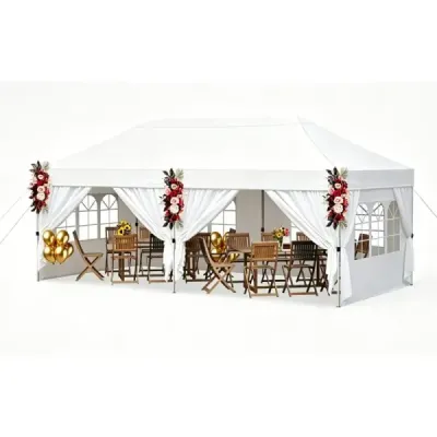Skladací pavilón 3 x 6 m so 4 bočnými stenami, záhradný pavilón s nastaviteľnou výškou, pop-up pavilón, biely