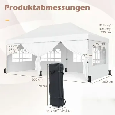 Skladací pavilón 3 x 6 m so 4 bočnými stenami, záhradný pavilón s nastaviteľnou výškou, pop-up pavilón, biely