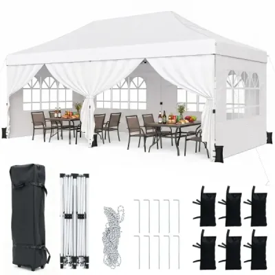 Skladací pavilón 3 x 6 m so 4 bočnými stenami, záhradný pavilón s nastaviteľnou výškou, pop-up pavilón, biely