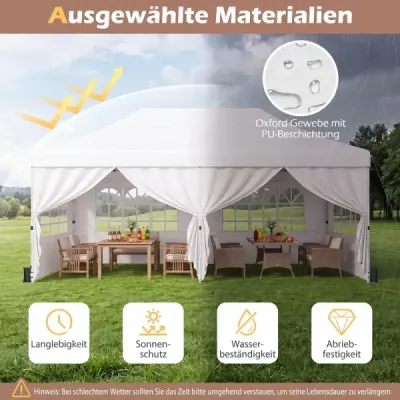 Skladací pavilón 3 x 6 m so 4 bočnými stenami, záhradný pavilón s nastaviteľnou výškou, pop-up pavilón, biely