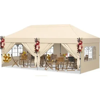Skladací pavilón 3 x 6 m so 4 bočnými stenami, záhradný pavilón s nastaviteľnou výškou, pop-up pavilón, béžový