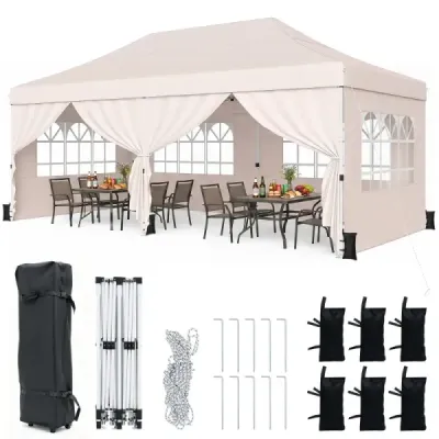 Skladací pavilón 3 x 6 m so 4 bočnými stenami, záhradný pavilón s nastaviteľnou výškou, pop-up pavilón, béžový