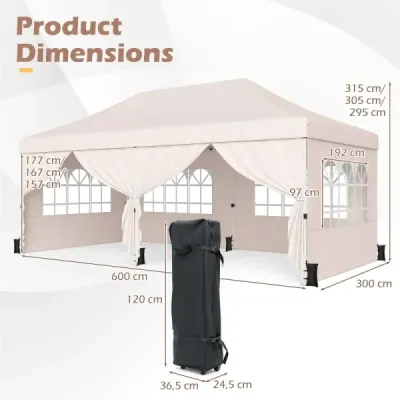 Skladací pavilón 3 x 6 m so 4 bočnými stenami, záhradný pavilón s nastaviteľnou výškou, pop-up pavilón, béžový