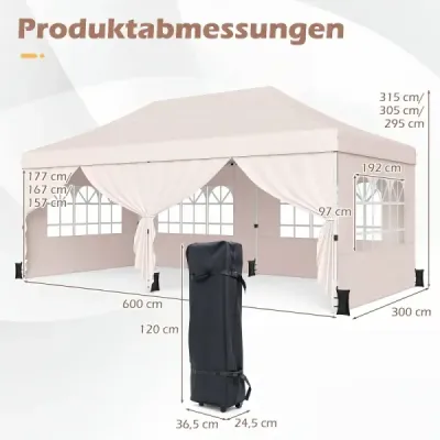 Skladací pavilón 3 x 6 m so 4 bočnými stenami, záhradný pavilón s nastaviteľnou výškou, pop-up pavilón, béžový