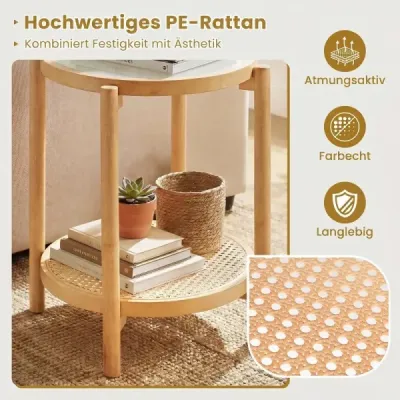 Konferenčný stolík v štýle boho so sklenenou doskou a ratanovou policou, odkladací stolík 47,5 x 47,5 x 58 cm, prírodná farba