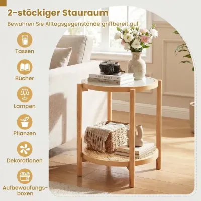 Konferenčný stolík v štýle boho so sklenenou doskou a ratanovou policou, odkladací stolík 47,5 x 47,5 x 58 cm, prírodná farba