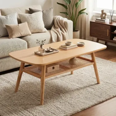 Konferenčný stolík, pomocný stolík s 2 úrovňami a otvorenou policou do obývacej izby, 100 x 53,5 x 45,5 cm, prírodný