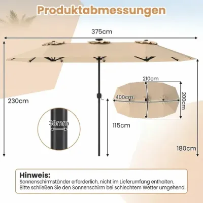 Dvojitý slnečník 400 x 210 cm Slnečník s LED osvetlením Obdĺžnikový záhradný slnečník Béžový