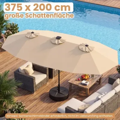 Dvojitý slnečník 400 x 210 cm Slnečník s LED osvetlením Obdĺžnikový záhradný slnečník Béžový