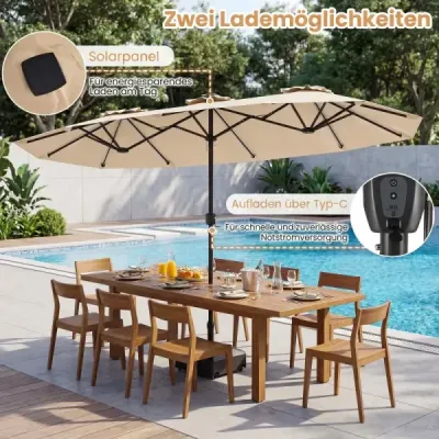 Dvojitý slnečník 400 x 210 cm Slnečník s LED osvetlením Obdĺžnikový záhradný slnečník Béžový