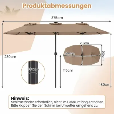 Dvojitý slnečník 400 x 210 cm, slnečník s LED osvetlením, obdĺžnikový záhradný slnečník, hnedý