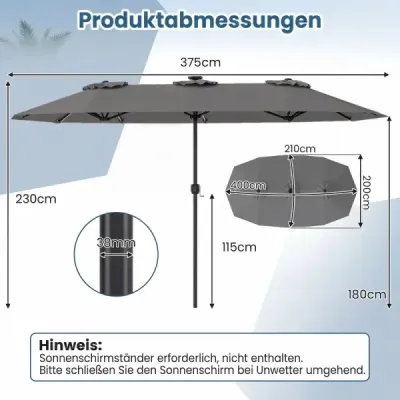 Dvojitý slnečník 400 x 210 cm Slnečník s LED osvetlením Obdĺžnikový záhradný slnečník Šedý