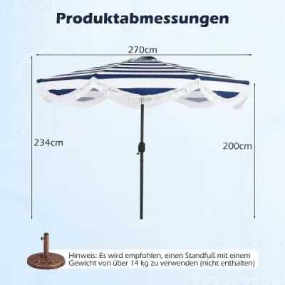 Slnečník Ø 278 cm Plážový slnečník Sklápací s kľukou Balkónový slnečník so strapcami Záhradný slnečník