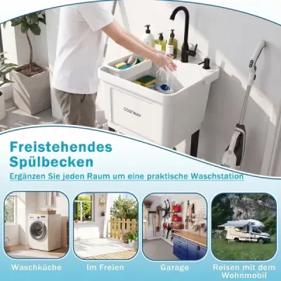 Freistehendes Ausgussbecken Quadratisches Waschbecken aus Kunststoff mit 360° Drehbarem Wasserhahn Weiß