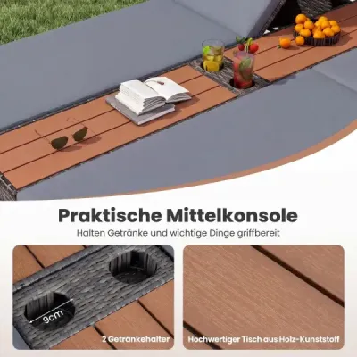Záhradné ležadlo pre 2 osoby s vankúšmi, dvojlôžko s 5-polohovým nastaviteľným operadlom, sivé