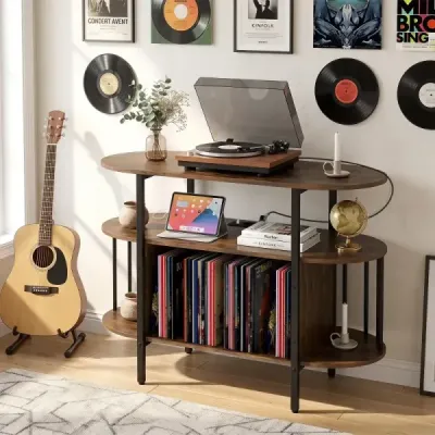 Stojan na gramofón s nastaviteľným LED osvetlením a nabíjacou stanicou 90 x 40 x 76,5 cm Rustikálna hnedá