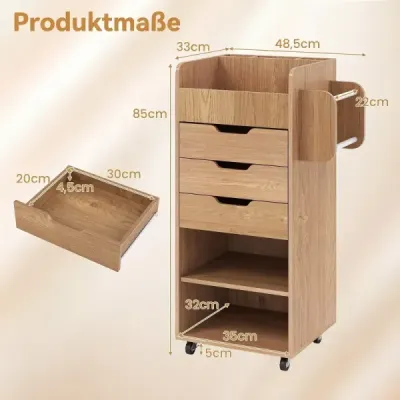Kontajner na kolieskach s 3 zásuvkami, 2 tyčami na kolieskach a 3 priehradkami, kreatívny vozík, 48,5 x 33,5 x 85,5 cm, prírodný