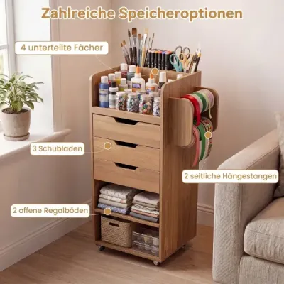 Kontajner na kolieskach s 3 zásuvkami, 2 tyčami na kolieskach a 3 priehradkami, kreatívny vozík, 48,5 x 33,5 x 85,5 cm, prírodný