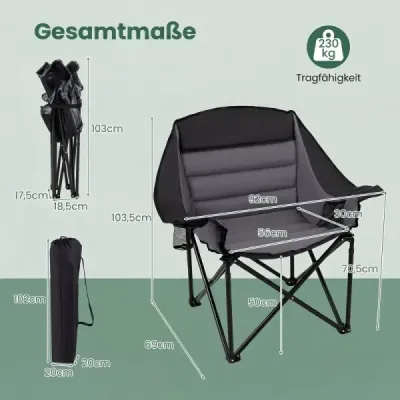 Nadrozmerná kempingová stolička, skladacie kempingové kreslo so sedákom a držiakom na nápoje, nosnosť do 230 kg, čierna