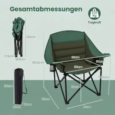 Nadrozmerná kempingová stolička, skladacie kempingové kreslo so sedákom a držiakom na nápoje, nosnosť do 230 kg, zelená